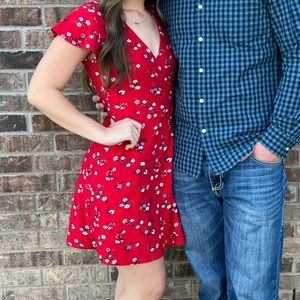Red floral wrap dress